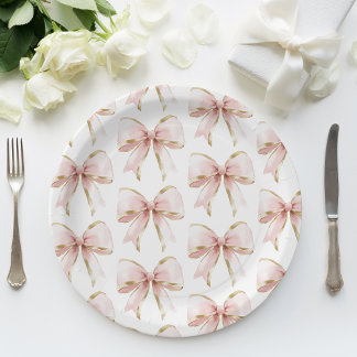 Assiettes En Carton Elégant Motif de Bow or rose Baby shower fille