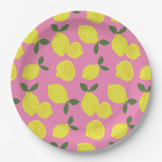 Assiettes En Carton Élégant Motif de citron rose et jaune (Devant)