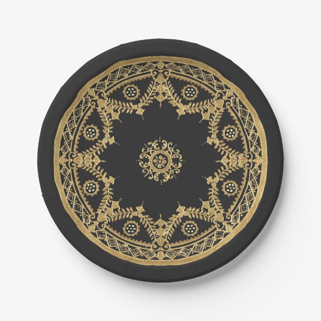 Assiettes En Carton Élégant motif de mandala noir et or (Devant)