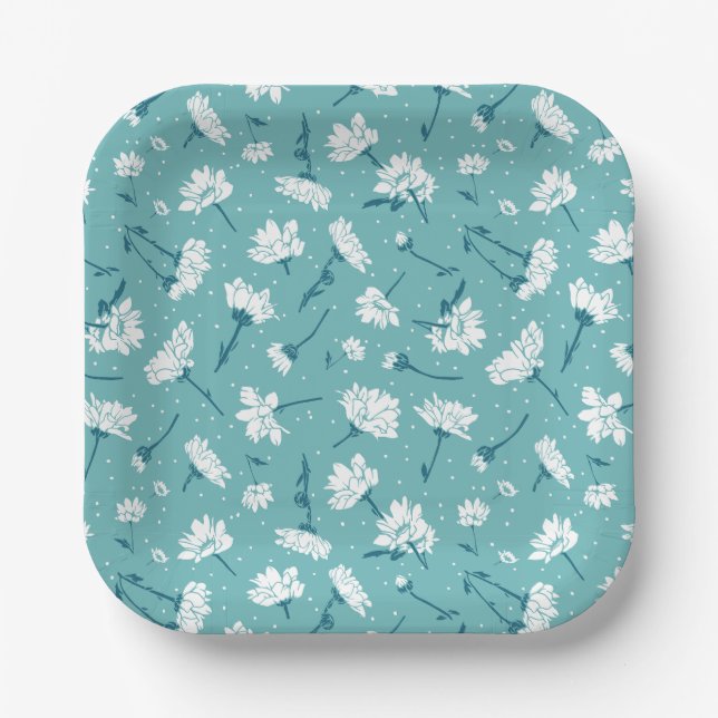 Assiettes En Carton Élégant motif floral - Botanique Turquoise et blan (Recto)