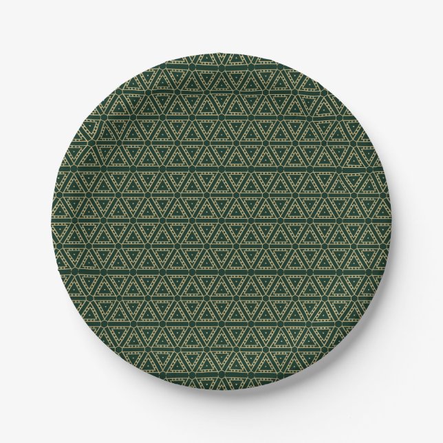 Assiettes En Carton Élégant motif géométrique vert pin foncé doré (Devant)