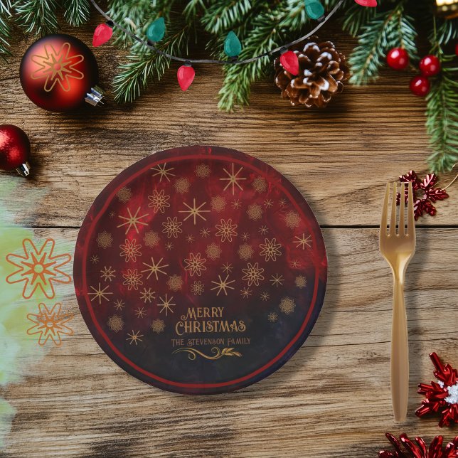 Assiettes En Carton Élégant Motif RED OR Joyeux Noël (Elegant Pattern RED GOLD Merry Christmas Paper Plates)