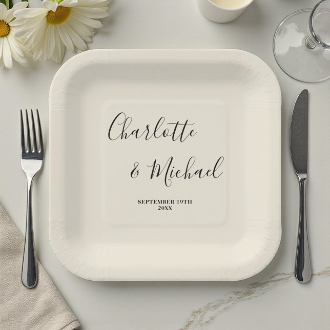 Assiettes En Carton Elegant Natural White Script Minimalist Wedding (Créateur téléchargé)