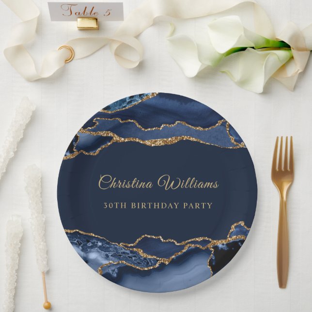 Assiettes En Carton Elegant Navy Blue & Gold Birthday Party Decoration (Mariage)