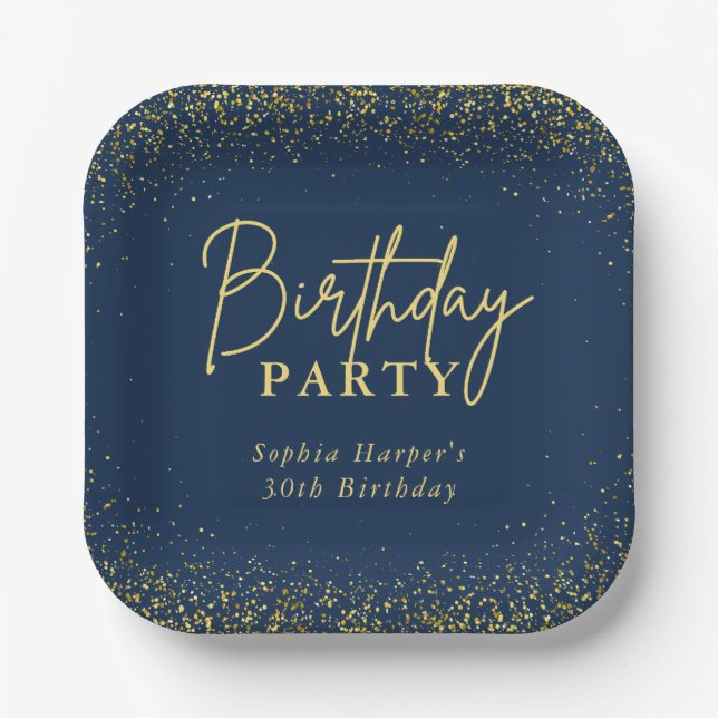 Assiettes En Carton Elegant Navy Gold Glitter Confetti Birthday Party (Recto)