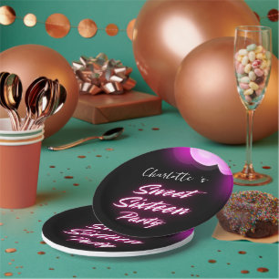 Assiettes En Carton Elégant néon rose noir rétro Sweet 16e anniversair