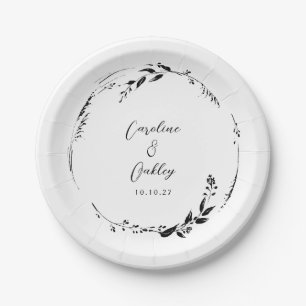 Assiettes En Carton Elégant noir blanc Mariage de couronne Floral sur 