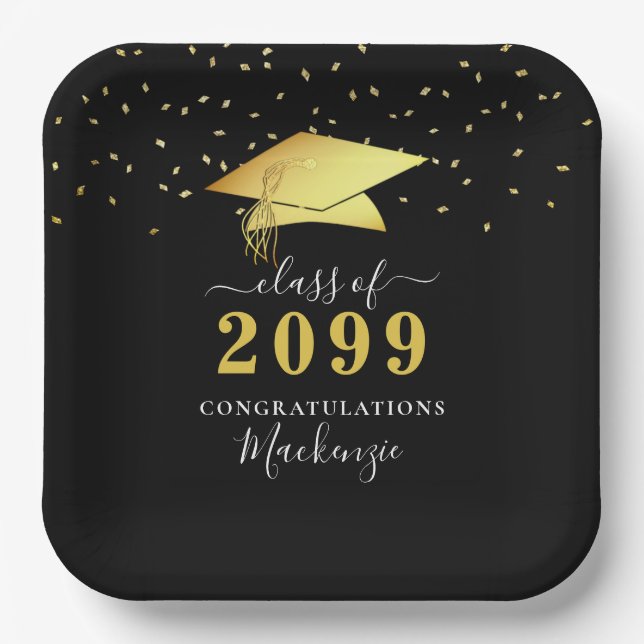 Assiettes En Carton Élégant Noir Confetti Script Graduation (Recto)