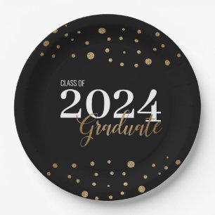 Assiettes En Carton Élégant Noir Gold Grad Classe de 2024 Graduate