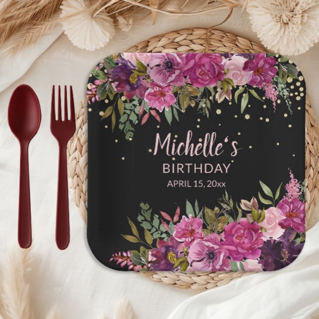 Assiettes En Carton Elégant noir rose violet Parties scintillant flora (Pink and burgundy floral on black custom birthday party paper plates)