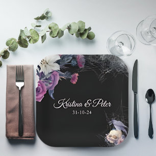 Assiettes En Carton Élégant noir violet gothique Mariage crâne floral