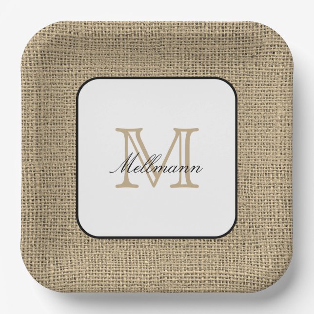 Assiettes En Carton Élégant Nom Monogramme Chic Farmhouse Style Burlap (Recto)