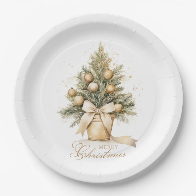 Assiettes En Carton Elégant or Joyeux arbre de Noël Aquarelle (Devant)