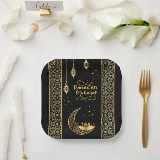 Assiettes En Carton Elégant or Motifs islamiques Ramadan Moubarak