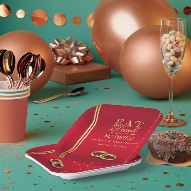 Assiettes En Carton Elégant or & rouge, Mariage   Mariage (Multi)