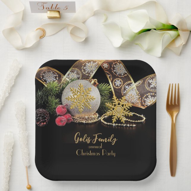 Assiettes En Carton Elégant or sur la fête de Noël noire (Mariage)