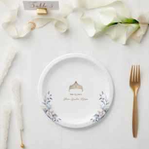 Assiettes En Carton Elégant or Tiara Blue Floral Quinceañera