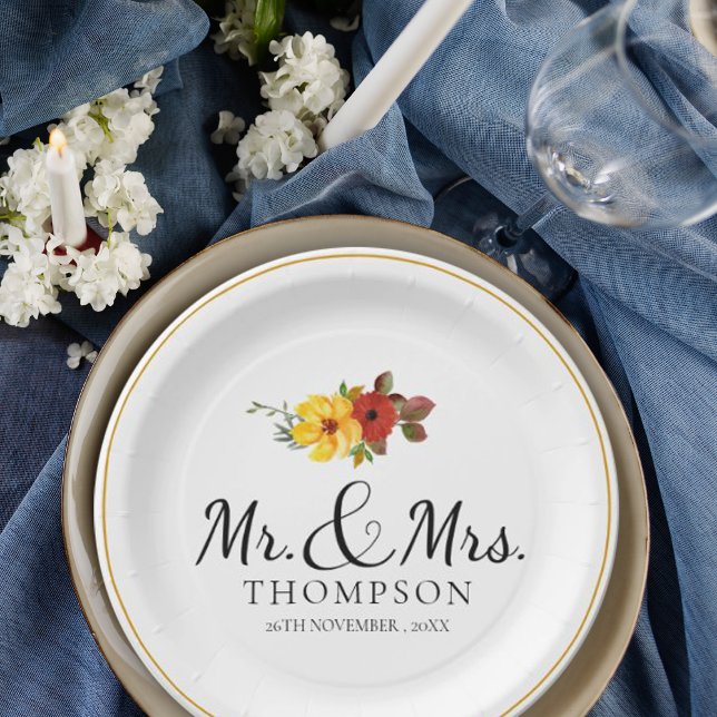 Assiettes En Carton Elégant Orange Floral M. Mme Wedding Party (Elegant Orange Floral Mr Mrs Wedding Party Paper Plates)