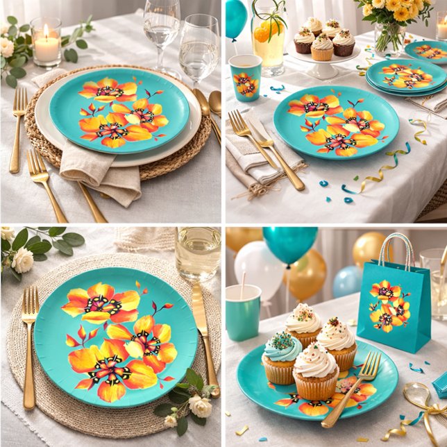 Assiettes En Carton Elégant Orange Flowers - Aqua- Customisez votre pr (Créateur téléchargé)
