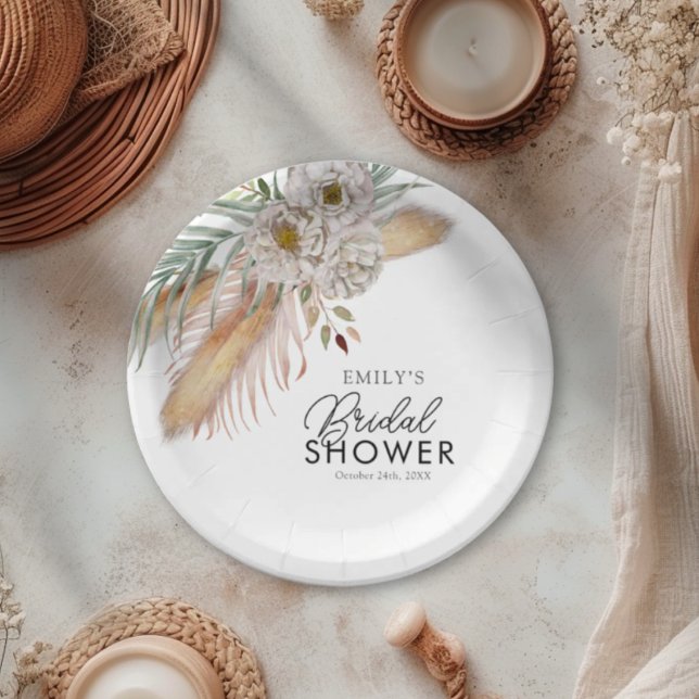 Assiettes En Carton Élégant Pampas et palmiers aquarelle Baby Shower d (Créateur téléchargé)