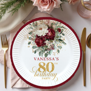 Assiettes En Carton Élégant Papier Floral Bohème Marsala pour 80e Anni