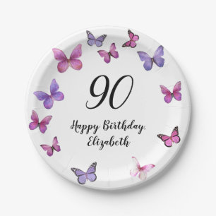 Assiettes En Carton Élégant Papillon 90e Anniversaire Nom Personnalisé
