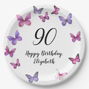 Assiettes En Carton Élégant Papillon 90e Anniversaire Nom Personnalisé