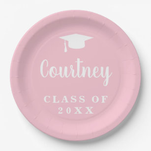 Assiettes En Carton Élégant Pastel Pink Nom du script Graduation Cap