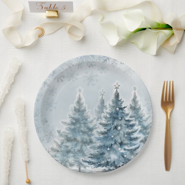 Assiettes En Carton Elégant Pays des merveilles d'hiver bleu et argent (Mariage)