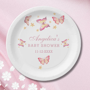 Assiettes En Carton Elégant Peach rose papillon bébé fille Douche
