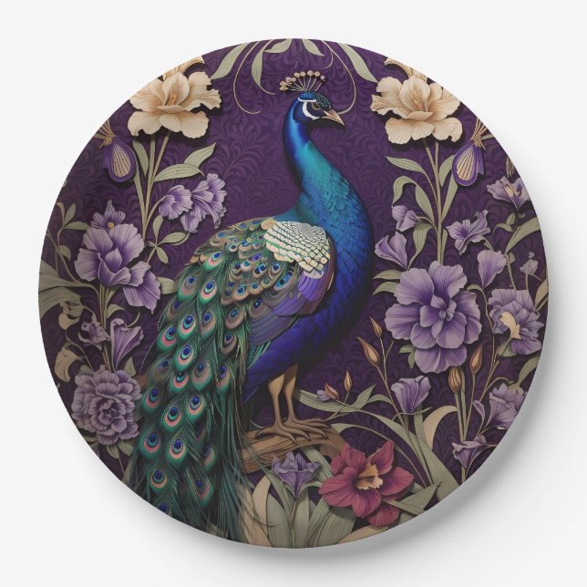 Assiettes En Carton Elégant Peacock Sur Purple William Morris Inspiré (Devant)