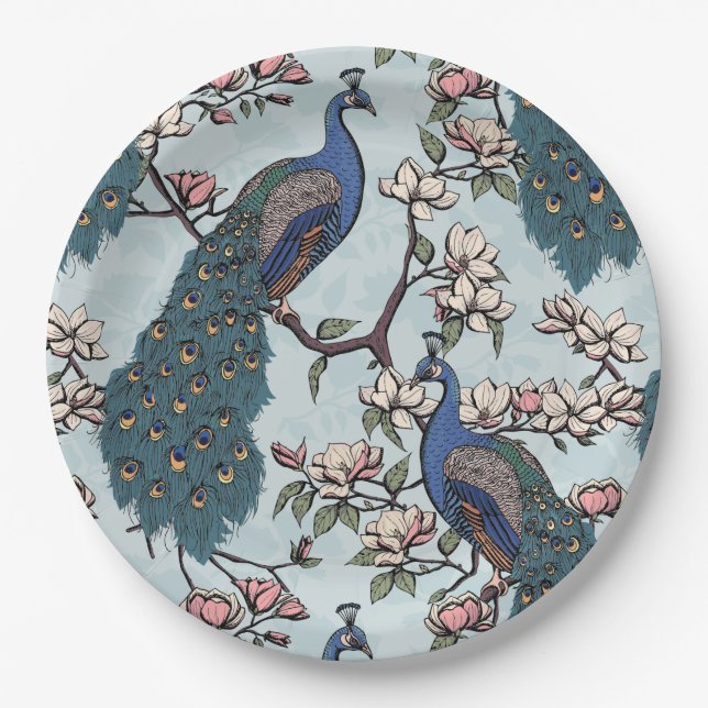Assiettes En Carton Elégant Peacocks & Magnolia Fleurs Bleu (Devant)