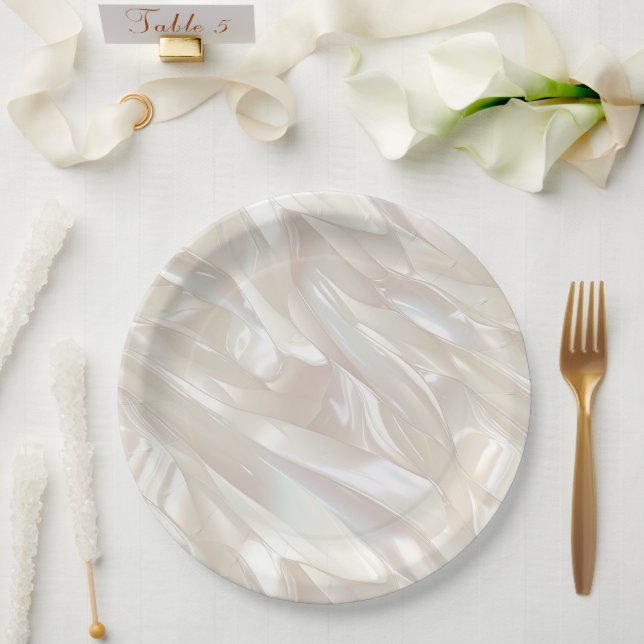 Assiettes En Carton Elégant Pearl White Shell Abstrait (Mariage)