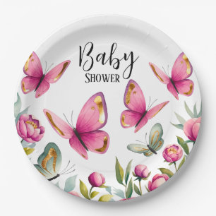 Assiettes En Carton Elégant Peony rose et papillons Baby shower fille