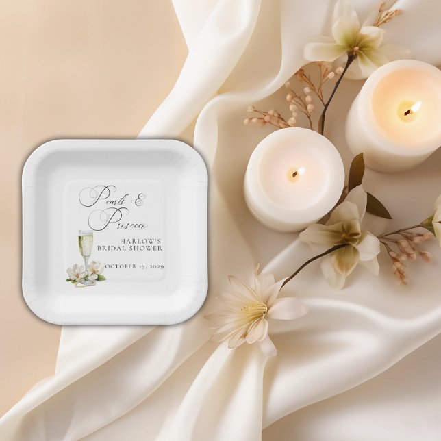 Assiettes En Carton Élégant Perles et Prosecco Enterrement de Vie de J (Pearls and Prosecco Bridal Shower Paper Plates)