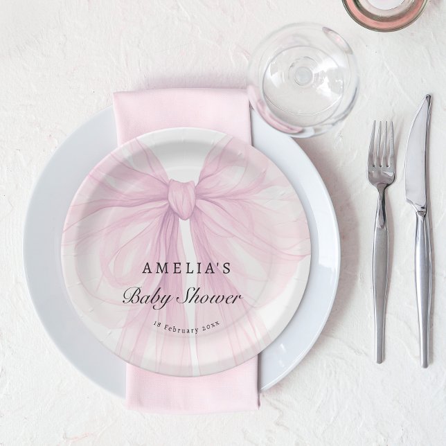 Assiettes En Carton Elegant Pink Bow Girls Baby Shower (Créateur téléchargé)