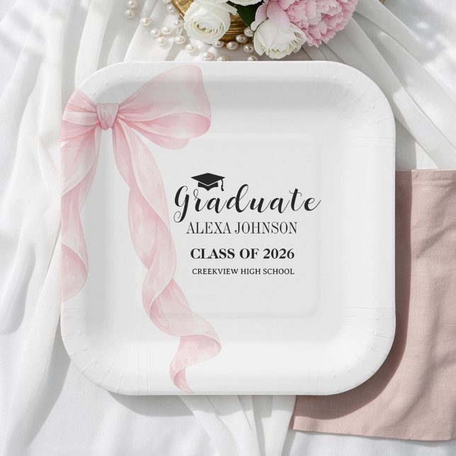 Assiettes En Carton Elegant Pink Bow Graduation Cap Graduate (Créateur téléchargé)