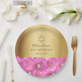 Assiettes En Carton Elegant Pink Rose Floral Gold Bat Mitzvah