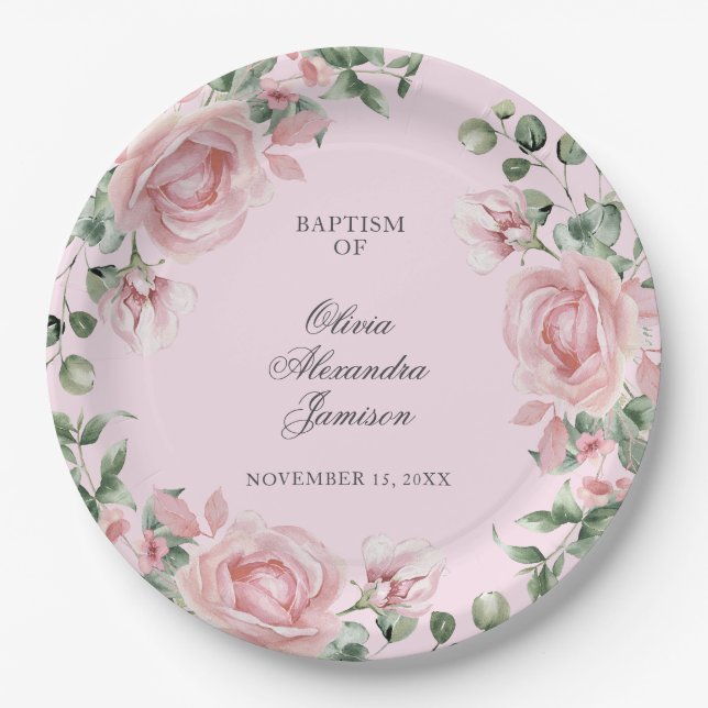 Assiettes En Carton Elegant Pink Rose Girl's Baptism (Devant)