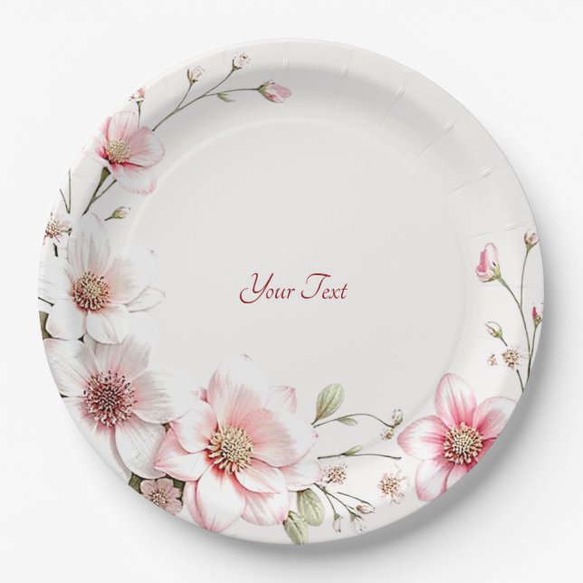 Assiettes En Carton Elegant Pink White Floral Paper Plate (Devant)