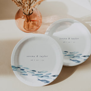 Assiettes En Carton Élégant Poisson Mariage Aquarelle Eau Bleue Côtièr