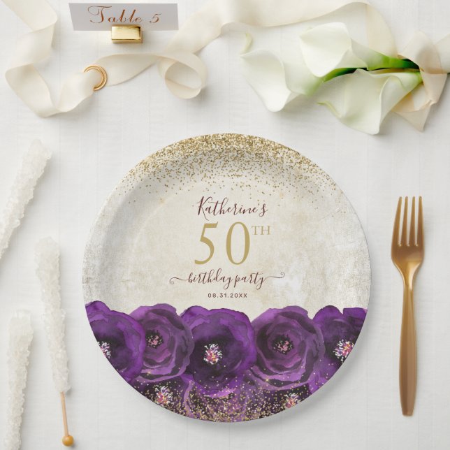 Assiettes En Carton Elegant Purple Floral Gold 50th Birthday Party (Mariage)