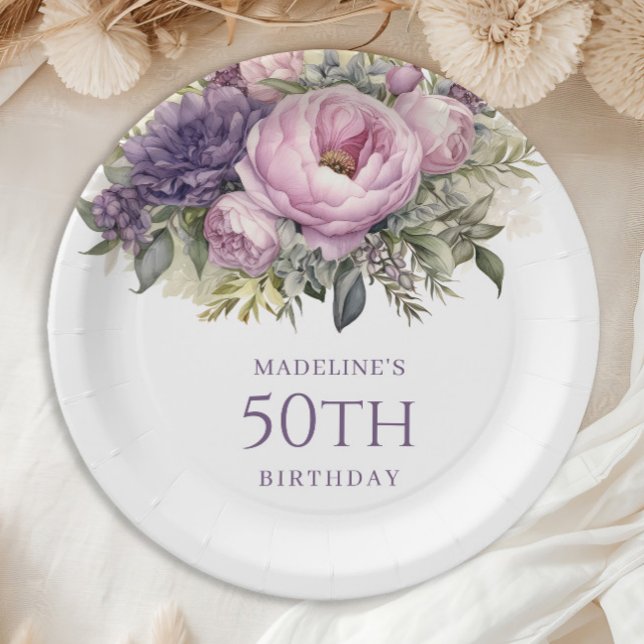 Assiettes En Carton Élégant Purple Rose Floral 50e anniversaire (Elegant purple watercolor floral 50th birthday party paper plates)