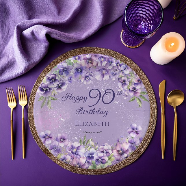 Assiettes En Carton Elegant Purple Violets Floral Happy 90th Birthday (Boho Elegant Purple Violets Floral Happy 80th Birthday Party Paper Plates)