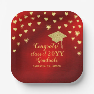 Assiettes En Carton Élégant Red Gold Congrats Classe de 2025 Graduate