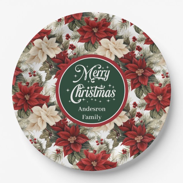 Assiettes En Carton Elegant Red Poinsettia Floral Paper Plates Gift  (Devant)