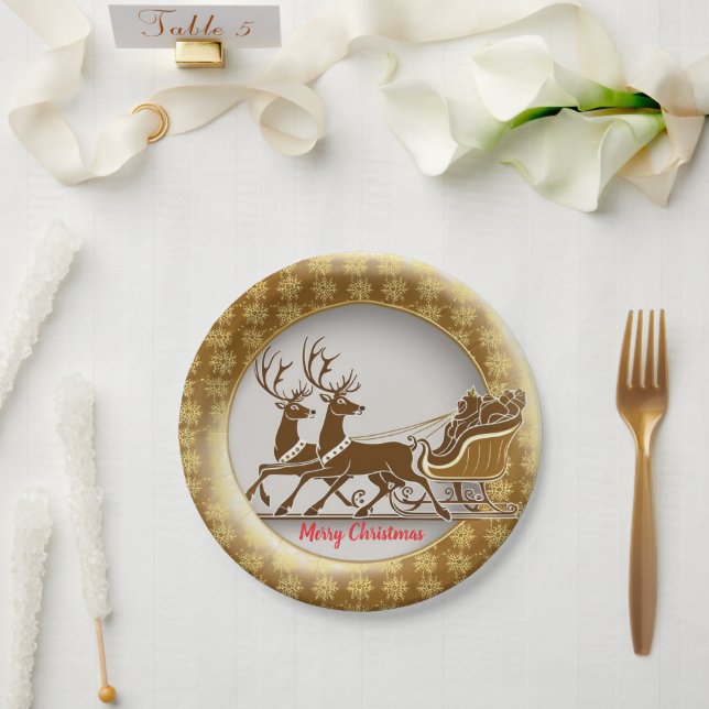 Assiettes En Carton Élégant Red Reindeer Sled Gold Snow Joyeux Noël (Mariage)