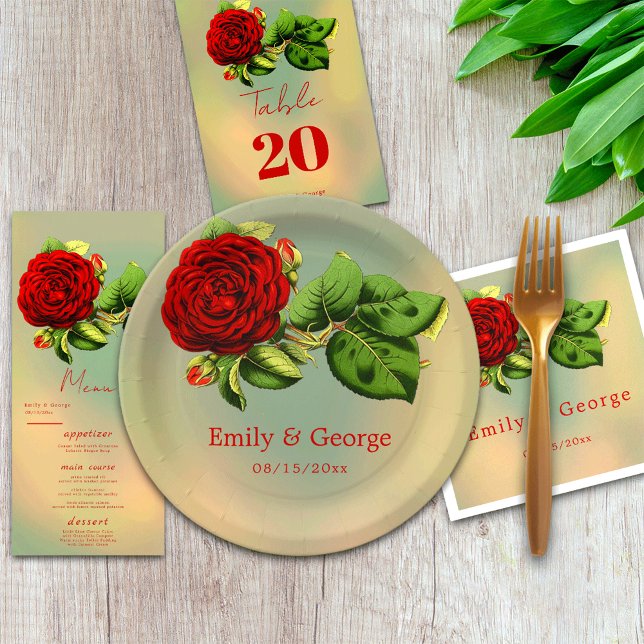 Assiettes En Carton Elegant Red Rose Romantic Summer Floral Wedding (Créateur téléchargé)