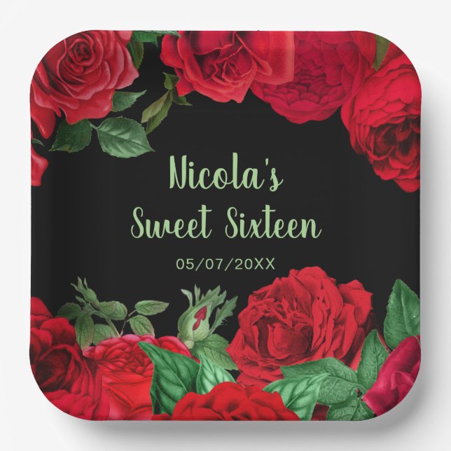 Assiettes En Carton Elegant Red Roses Flowers Sweet Sixteen (Recto)