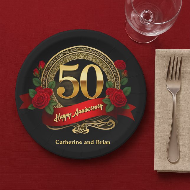 Assiettes En Carton Elégant Red Roses & Gold 50e anniversaire Mariage (Créateur téléchargé)